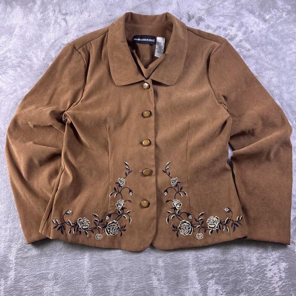 Vintage Sag Harbor Jacket Womens 14 Brown Faux Suede Floral Embroidered Button
